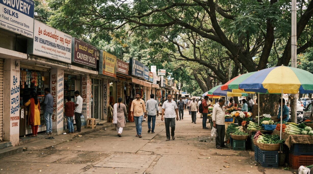 Busy street market scene in Jayanagar with vendors and shoppers