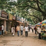 Busy street market scene in Jayanagar with vendors and shoppers