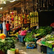 Colorful street market in Malleshwaram with local produce and flower stalls