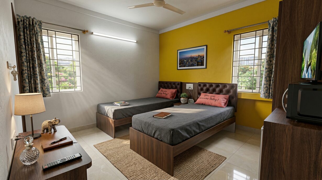 Fully furnished PG accommodation room in Bangalore with modern amenities