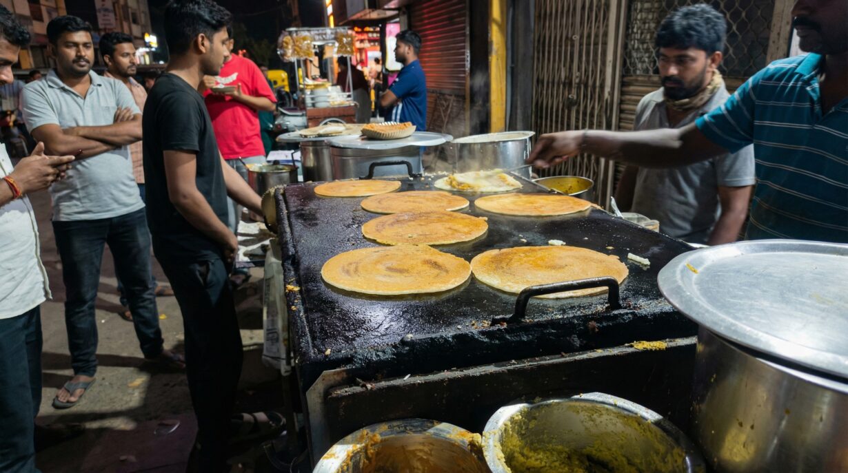 Thee small spots specialize in making crisp butter dosas in evening crowds.
