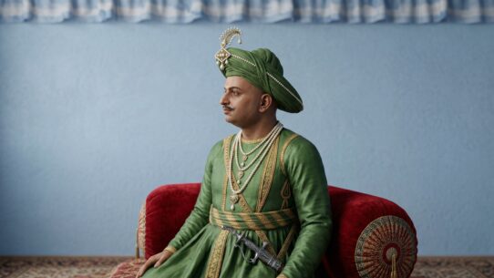 A detailed portrait of a man in regal South Indian attire, resembling a historical ruler like Tipu Sultan.