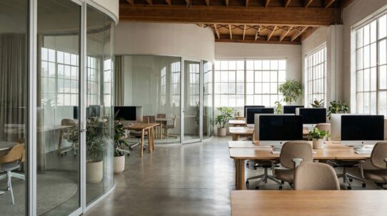Modern coworking space with empty desks, large screens, and glass interiors