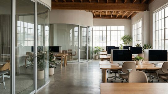 Modern coworking space with empty desks, large screens, and glass interiors