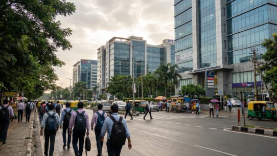 High rise corporate campuses and glass facades along the main ITPL road in East Bangalore.