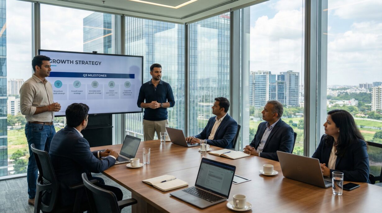 Startup founders discussing funding strategy in Bengaluru office space