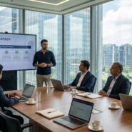 Startup founders discussing funding strategy in Bengaluru office space