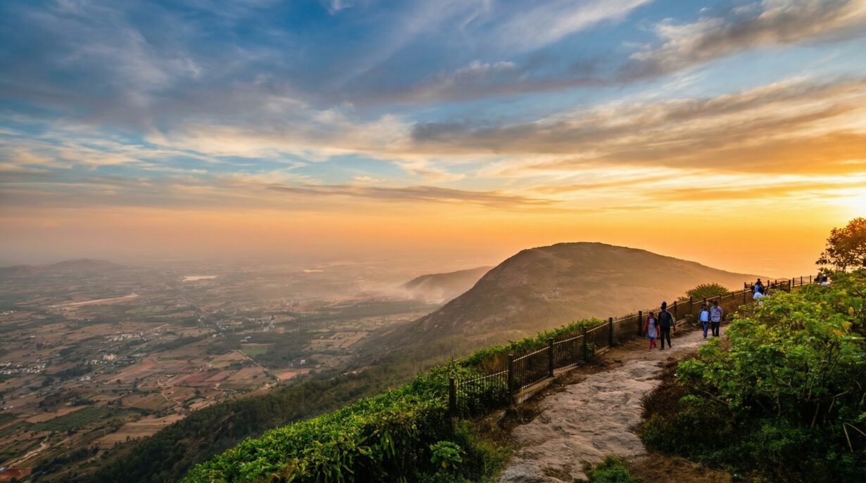 Panoramic view of lush green hills and rolling valleys in the Western Ghats near Bangalore under a clear blue sky.