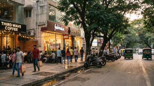 Street view of Indiranagar in Bangalore with cafes, shops, and busy traffic