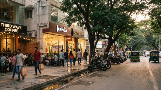 Street view of Indiranagar in Bangalore with cafes, shops, and busy traffic