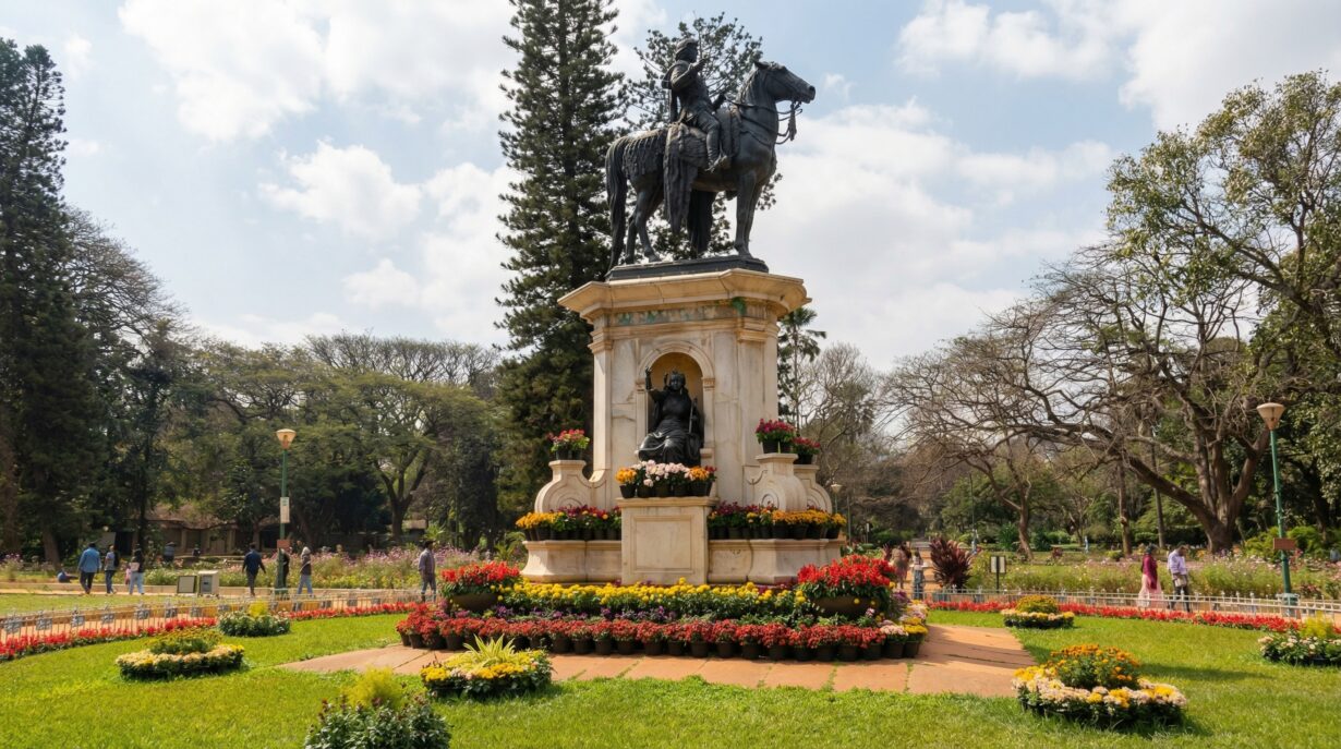 Close up view of colorful flower beds and manicured lawns in a peaceful urban park.