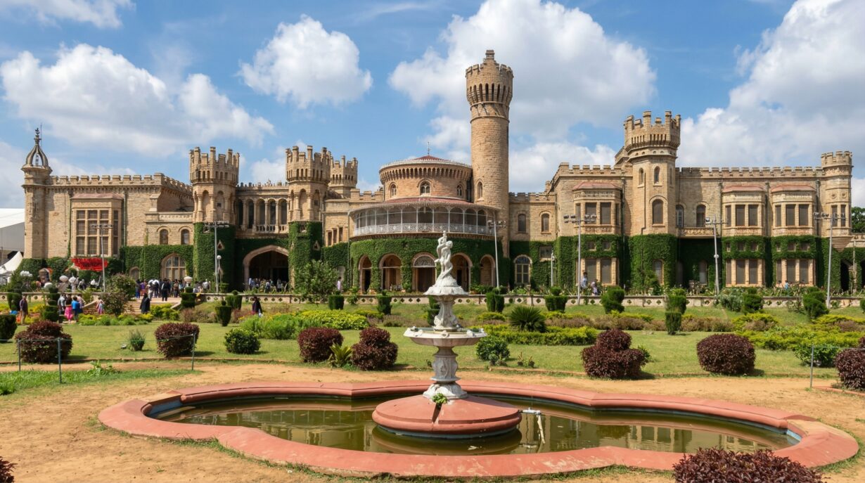Front view of Mysore Palace showcasing Indo-Saracenic design and detailed domes