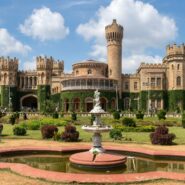 Front view of Mysore Palace showcasing Indo-Saracenic design and detailed domes