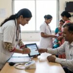 Doctor sharing digital ABHA records via tablet with a patient in an Indian clinic, showcasing Bengaluru’s 2026 healthtech and ABDM integration.