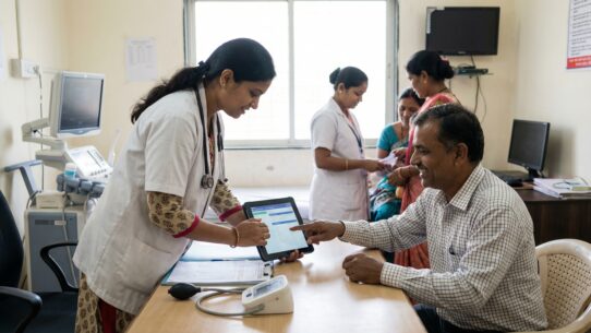 Doctor sharing digital ABHA records via tablet with a patient in an Indian clinic, showcasing Bengaluru’s 2026 healthtech and ABDM integration.