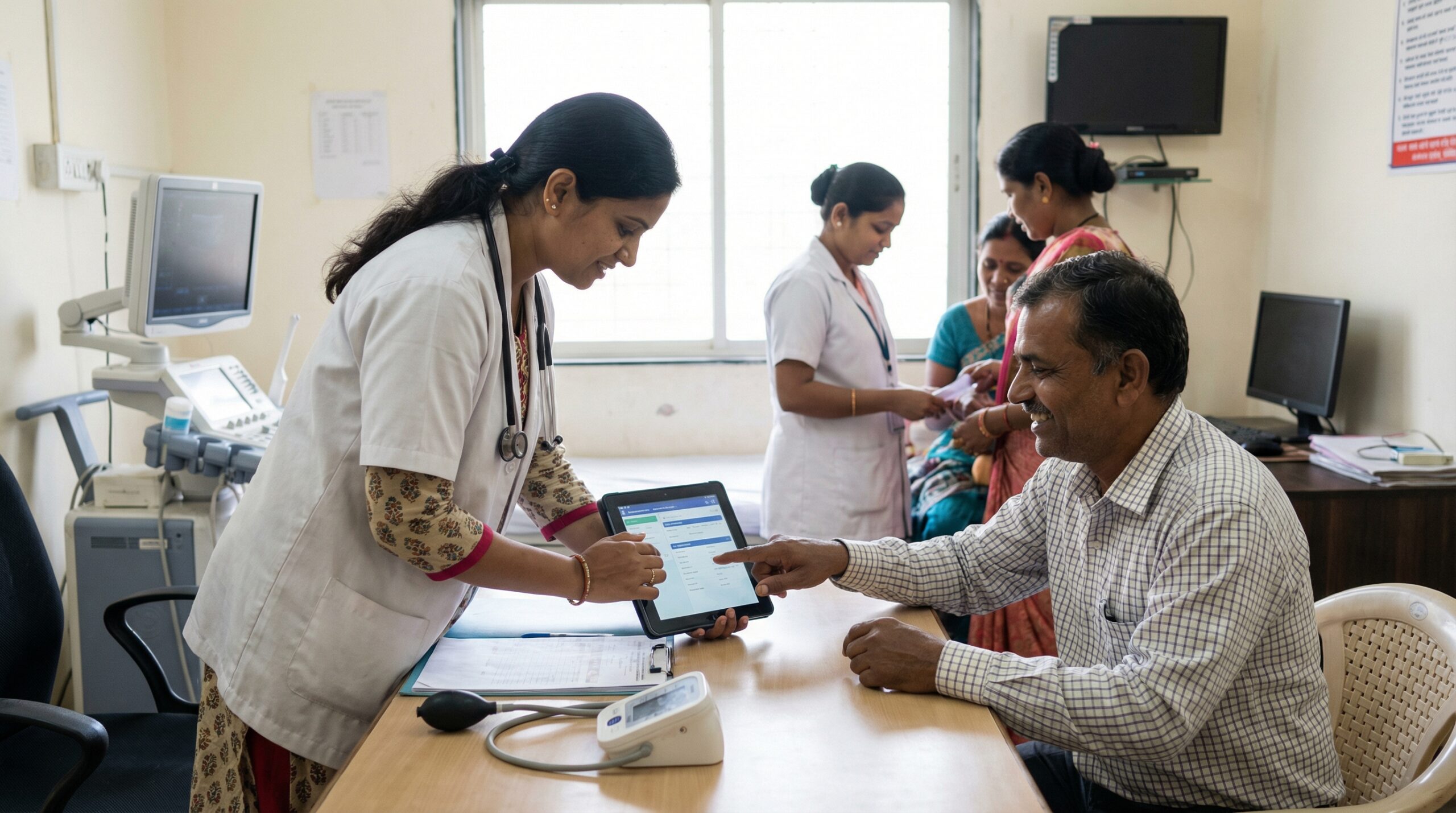 Doctor sharing digital ABHA records via tablet with a patient in an Indian clinic, showcasing Bengaluru’s 2026 healthtech and ABDM integration.