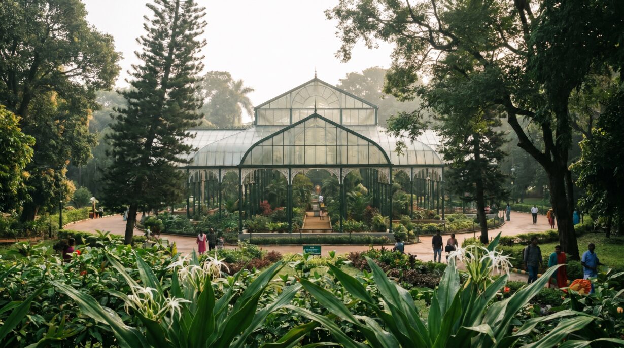 The historic glass house at Lalbagh Botanical Garden surrounded by lush tropical trees and white flowers.