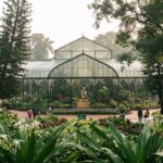 The historic glass house at Lalbagh Botanical Garden surrounded by lush tropical trees and white flowers.