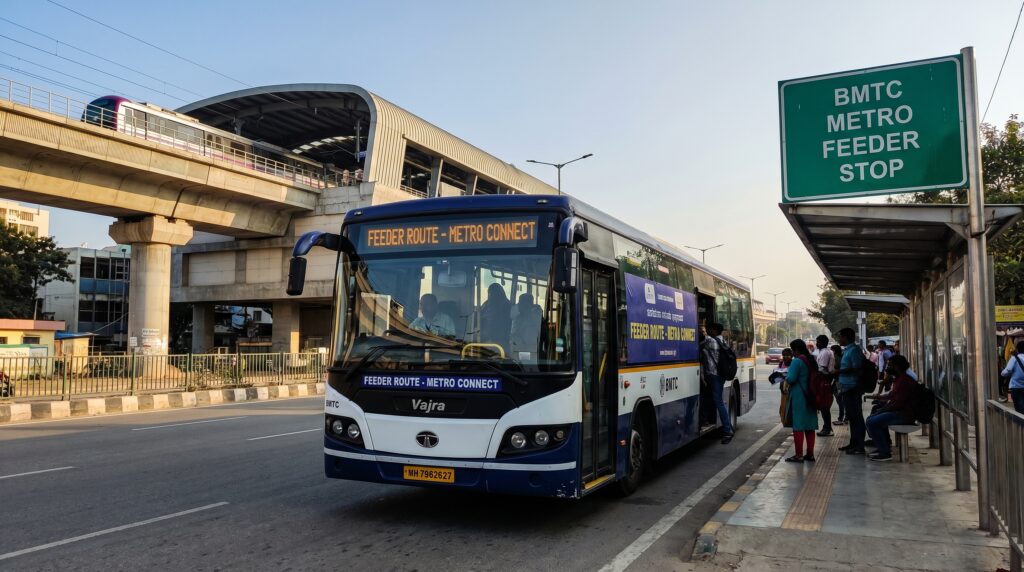  BMTC Vajra bus at a stop near a metro station, anchoring the feeder-route idea.