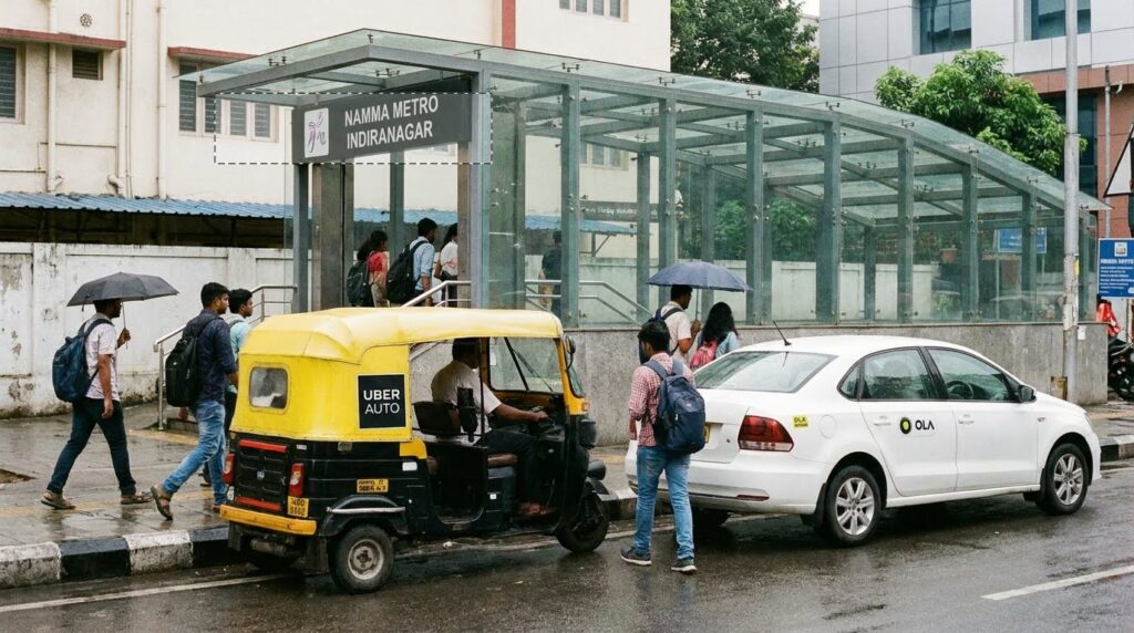 Auto rickshaw waiting outside a Namma Metro station exit for last-mile travel in Bengaluru