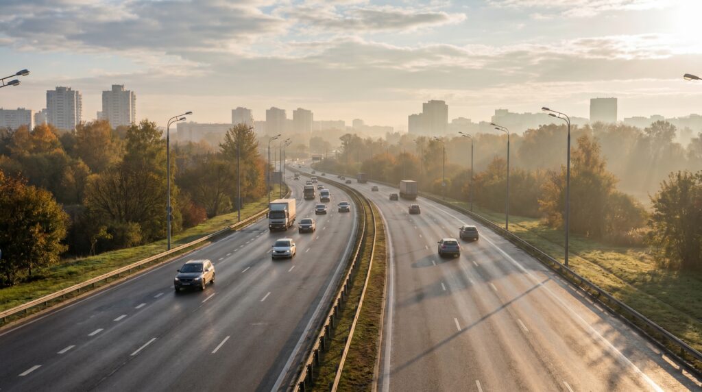 Clear free-flowing Bengaluru road during an early morning golden hour with light traffic.