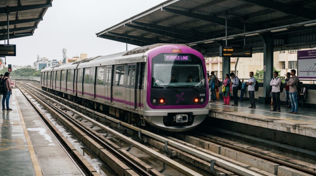 A clean shot of a Namma Metro train at an elevated station, showing the line colour, to illustrate the metro section.