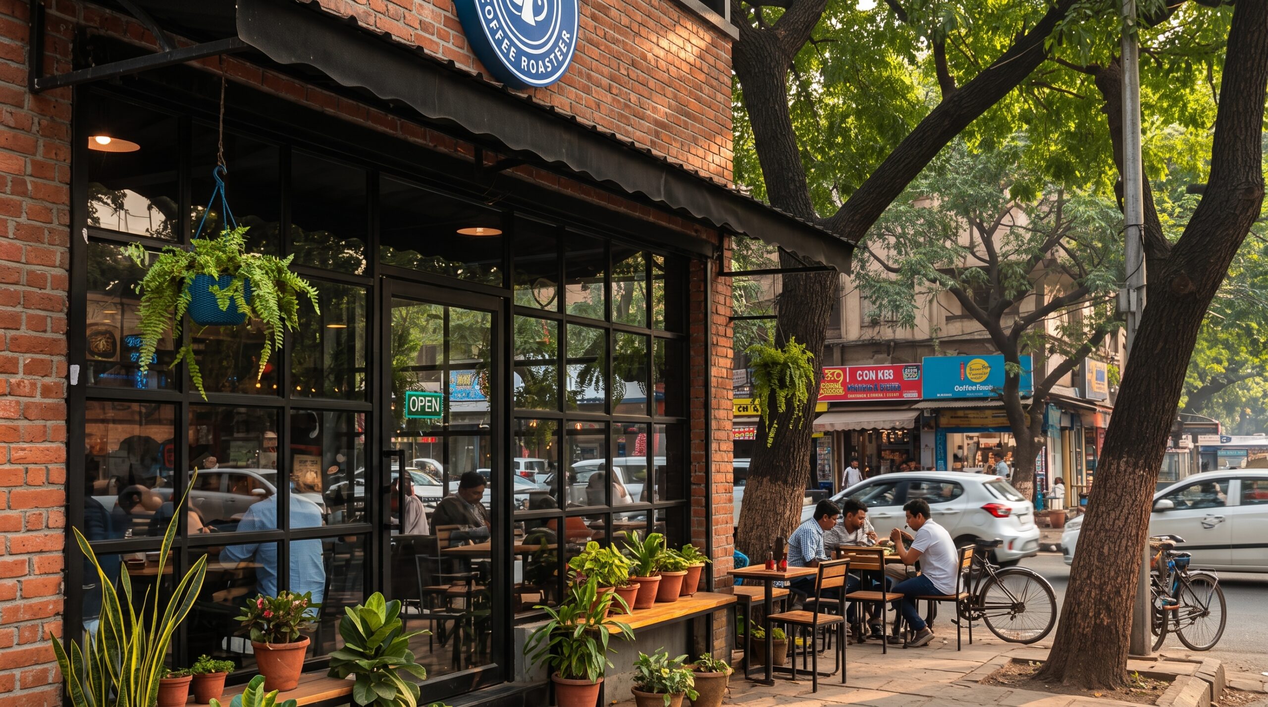 People enjoying everyday life in a Bangalore neighbourhood with local cafes and streets