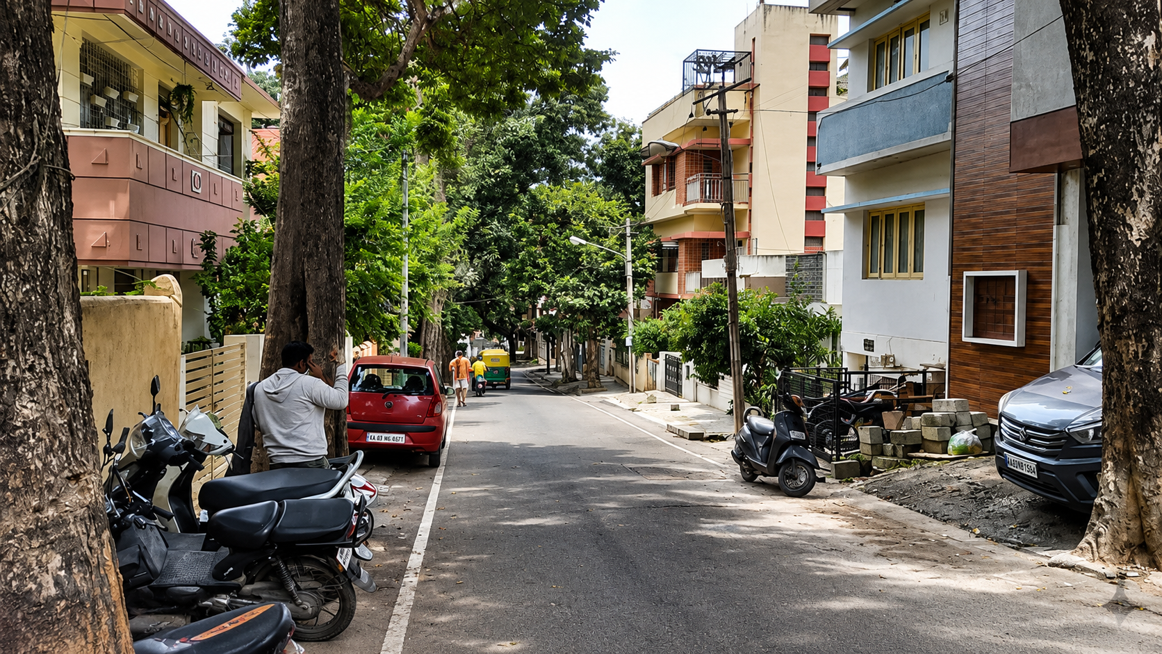 A quiet tree-lined street in Jayanagar during a peaceful Bangalore morning.