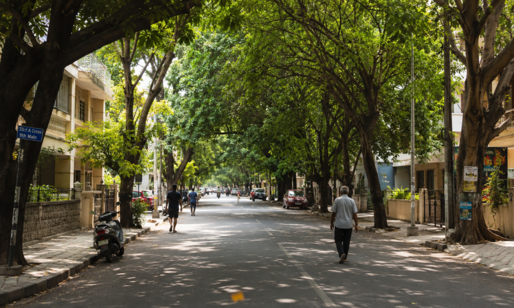 Tree-lined streets of Jayanagar Bangalore showing the peaceful side of the neighbourhood.