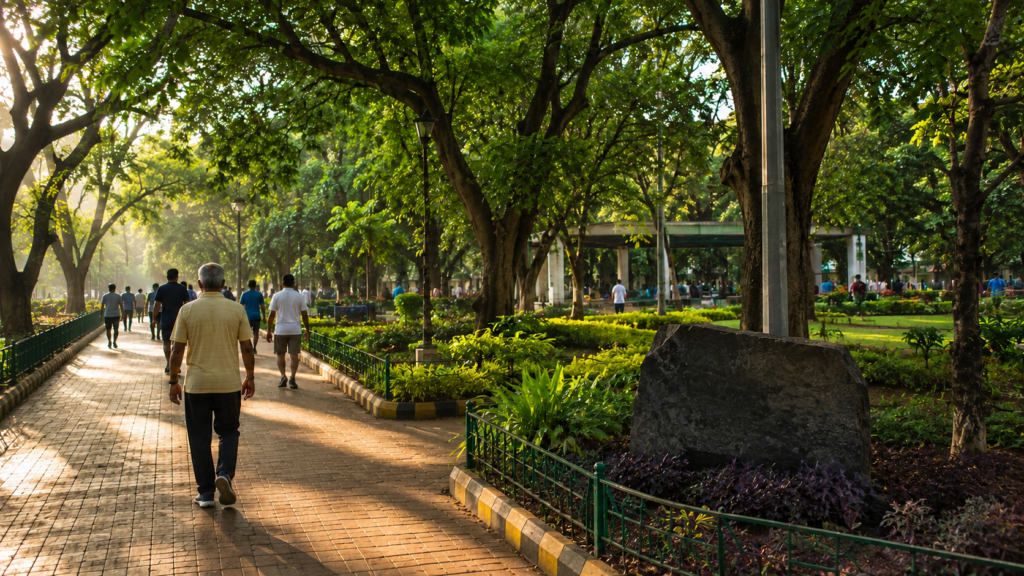 Morning walkers enjoying the greenery at Madhavan Park in Jayanagar Bangalore.