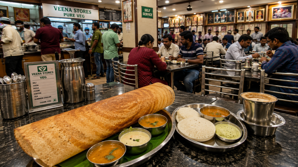 Traditional South Indian breakfast at a popular restaurant in Jayanagar Bangalore.